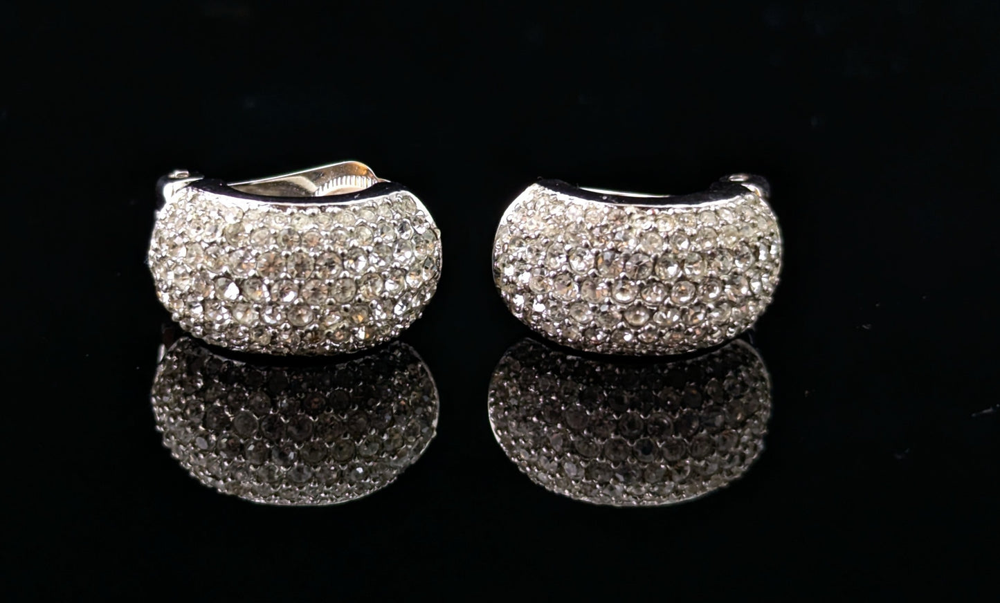 Vintage Christian Dior clip on earrings, Diamanté half hoops, silver tone