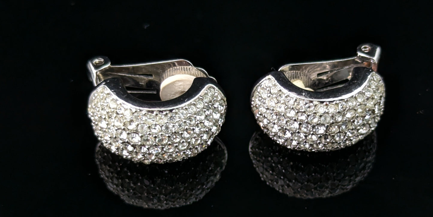 Vintage Christian Dior clip on earrings, Diamanté half hoops, silver tone