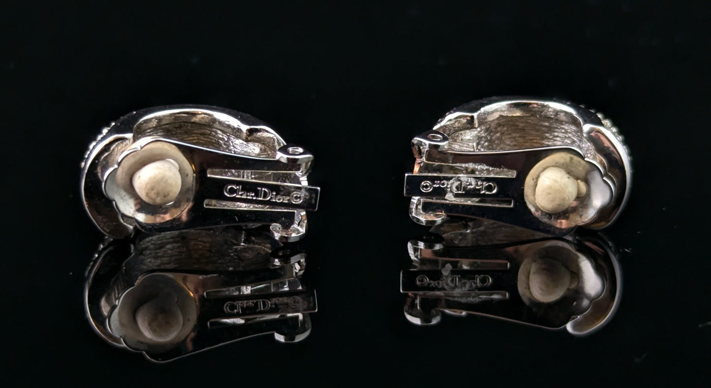 Vintage Christian Dior clip on earrings, Diamanté half hoops, silver tone
