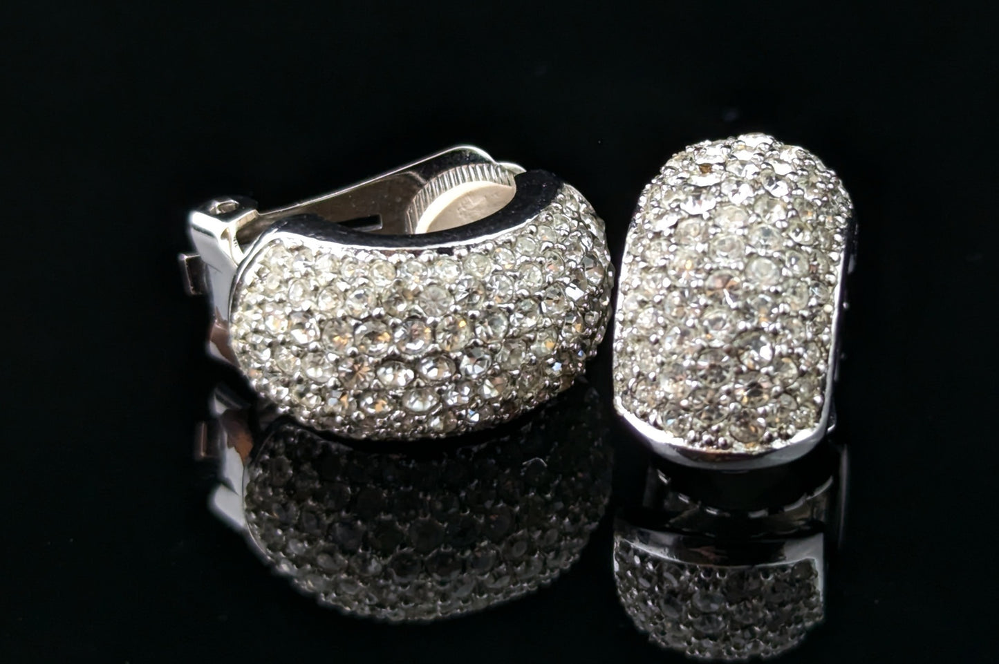 Vintage Christian Dior clip on earrings, Diamanté half hoops, silver tone