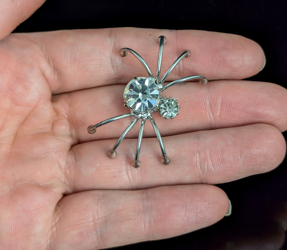 Vintage spider brooch, silver tone, sparkly diamante
