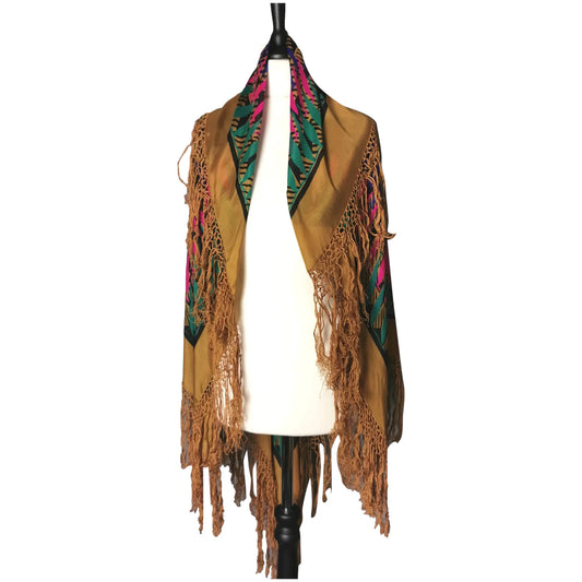 Vintage 1920s printed silk shawl, geometric bronze