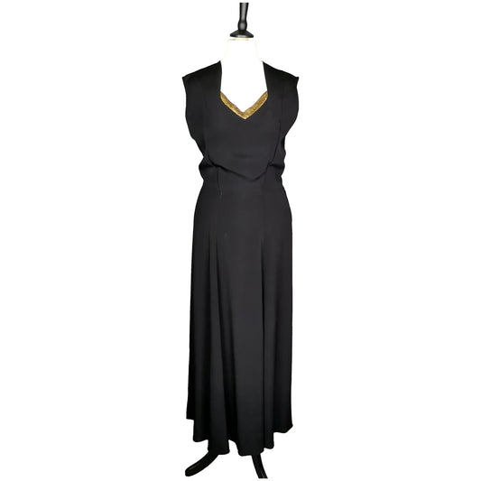 Vintage 1930's bombshell evening dress, Black rayon and gold lame