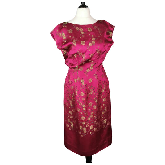 Vintage 1950s satin brocade dress, gold floral