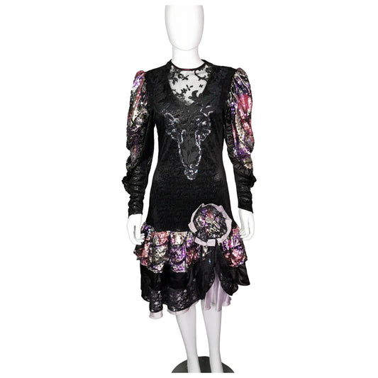 Vintage 1980s French cocktail dress, sequin, lace, wet look