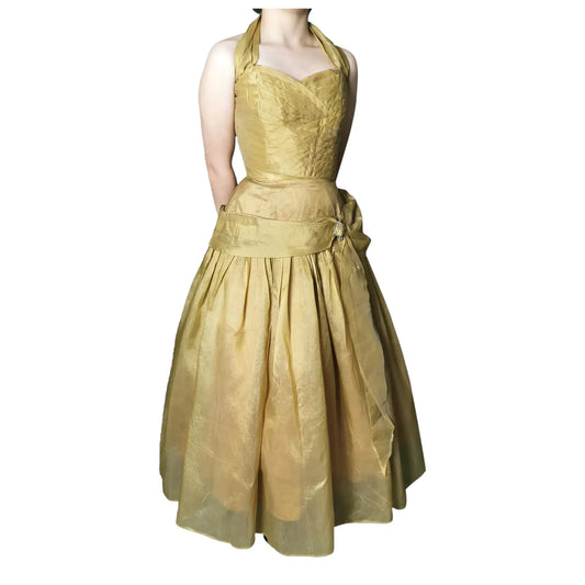 Vintage 50s gold halterneck dress, party frock, prom