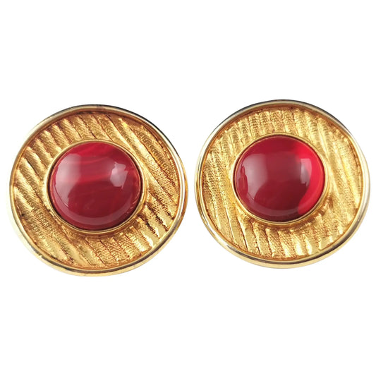Vintage 80s French clip on earrings, Gold tone, Faux agate, Antigona Paris