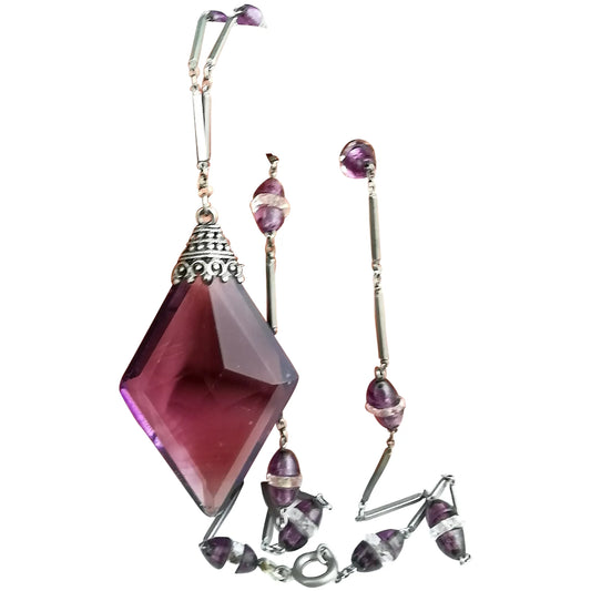 Vintage Art Deco Amethyst glass drop pendant necklace