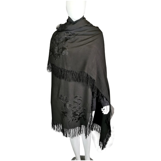 Vintage Art Deco black crepe silk shawl floral