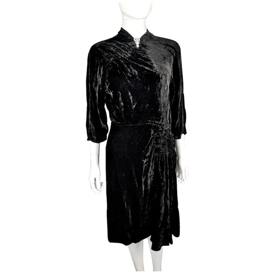 Vintage Art Deco black velvet dress, c1930s