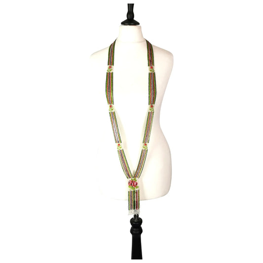 Art Deco glass beadwork sautoir necklace, floral, Flapper length