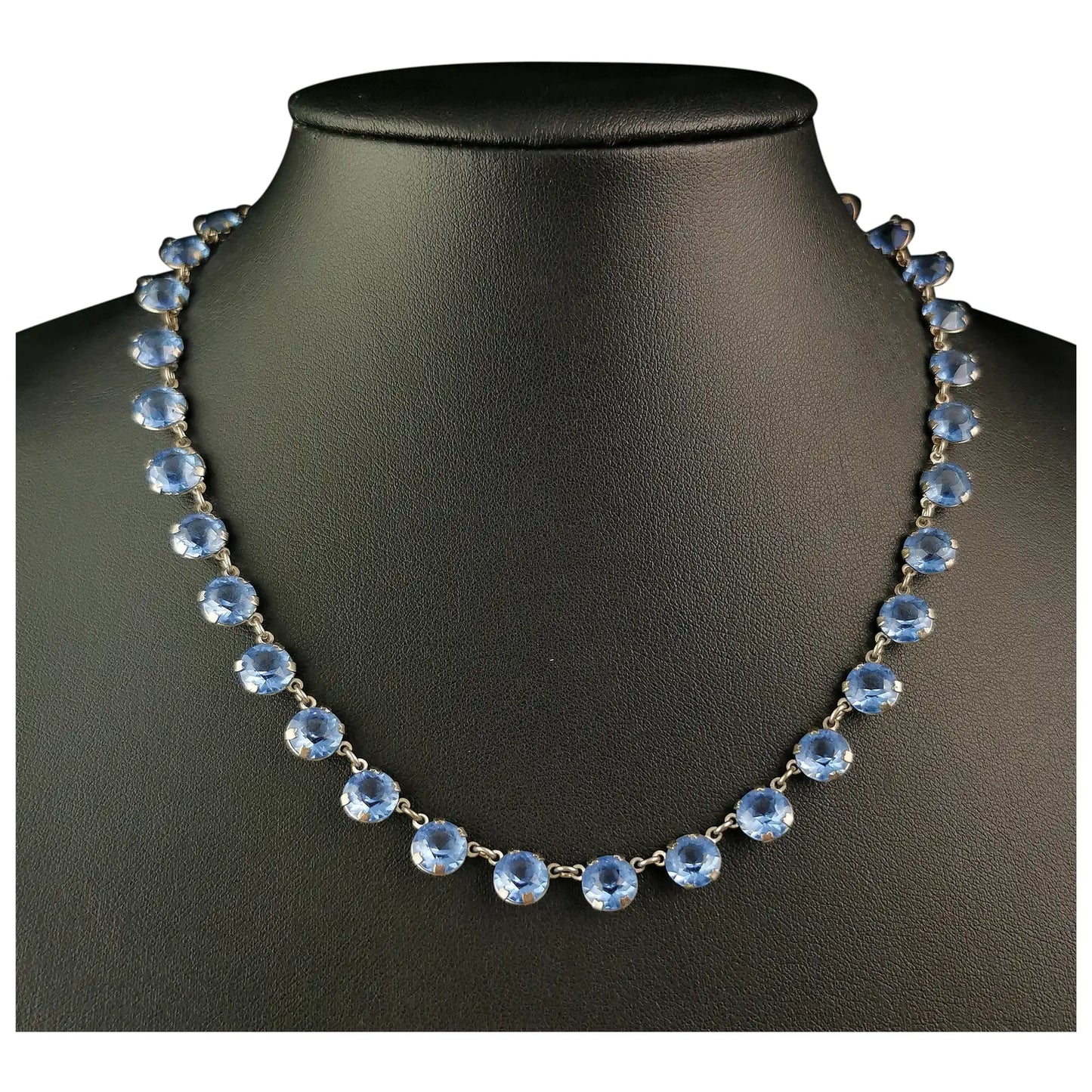 Vintage blue paste riviere necklace, silver plated