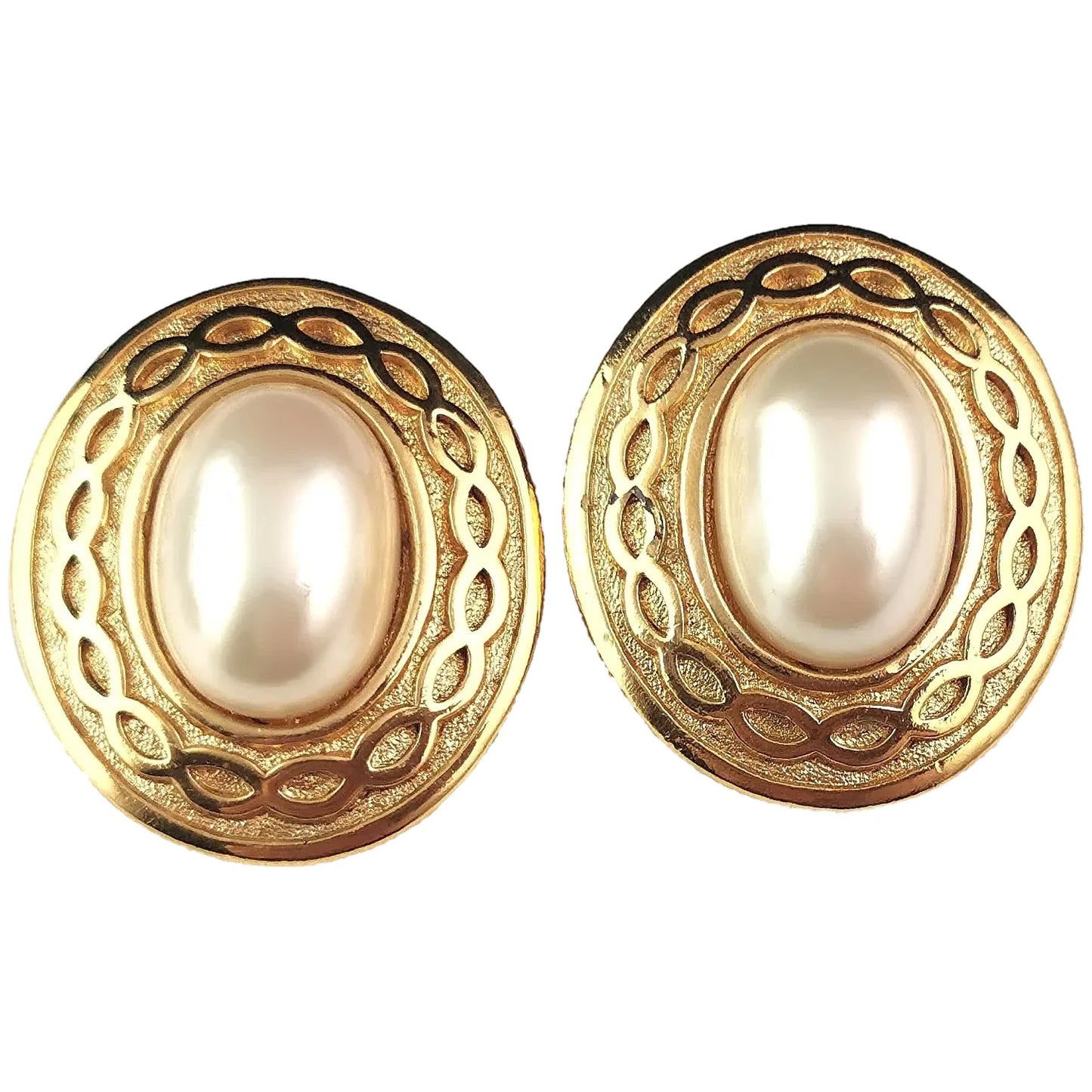 Vintage Burberry clip on earrings, Gold tone, Faux pearl