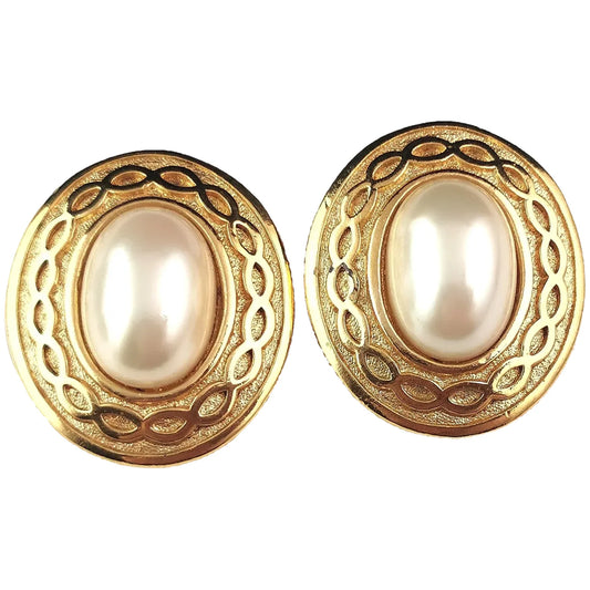 Vintage Burberry clip on earrings, Gold tone, Faux pearl