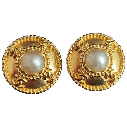 Vintage Chanel CC logo faux pearl clip on earrings, Gold tone, c1980s