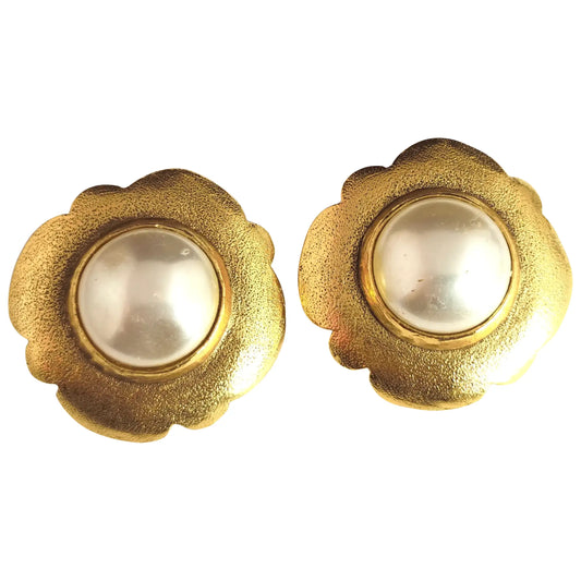 Vintage Chanel faux pearl clip on earrings, Gold tone, c1980s