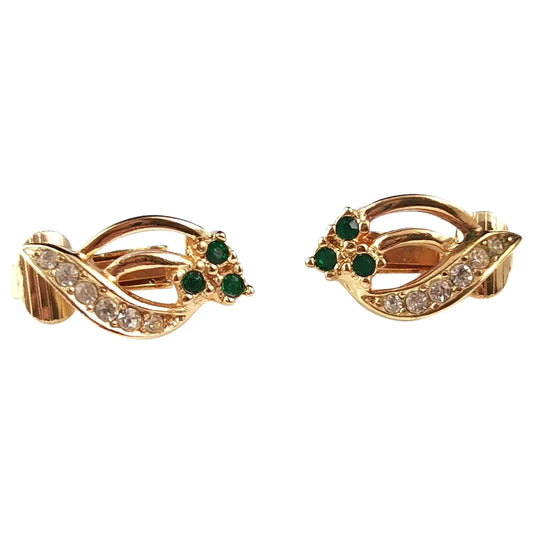 Vintage Christian Dior clip on earrings, Shamrock, gold tone and paste