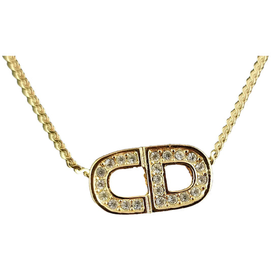 Vintage Christian Dior gold plated diamante logo pendant necklace