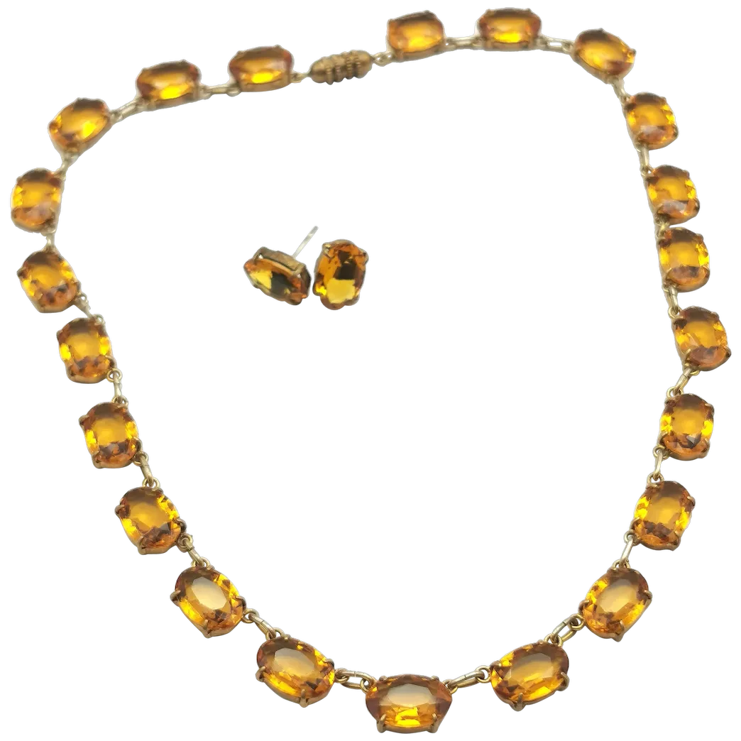 Vintage paste riviere necklace and earrings, Citrine yellow, demi parure