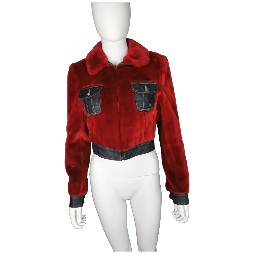 Vintage Dolce and Gabbana cropped red Faux fur jacket