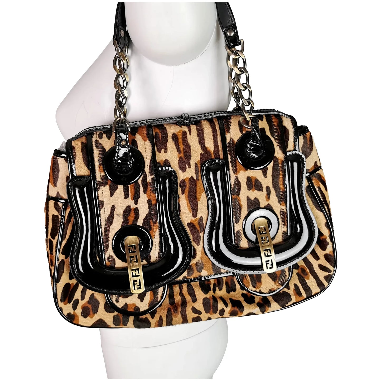 Vintage Fendi Leopard print B bag, Black patent leather