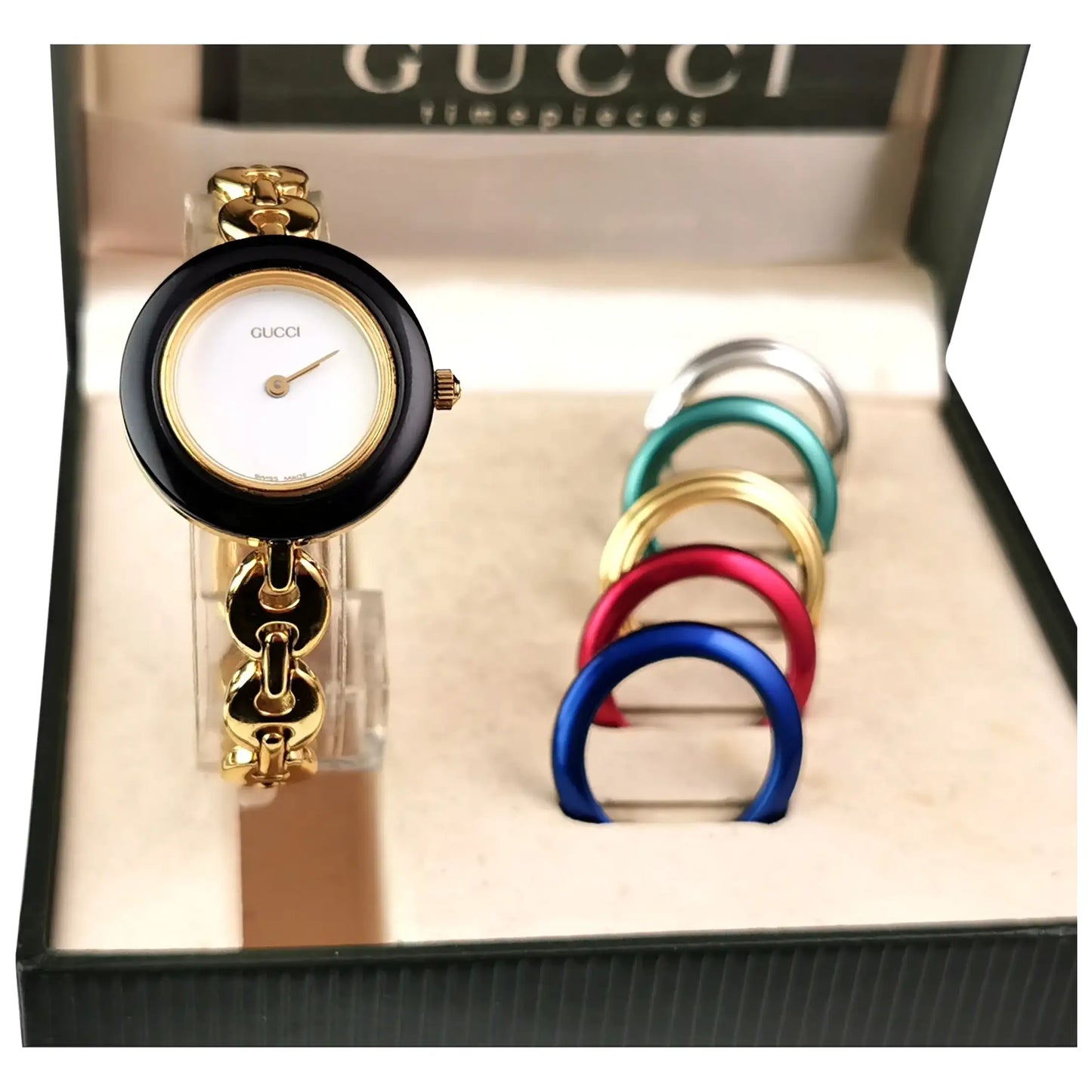 Vintage Gucci 11/12.2 ladies gold plated wristwatch, bracelet strap, changeable bezels