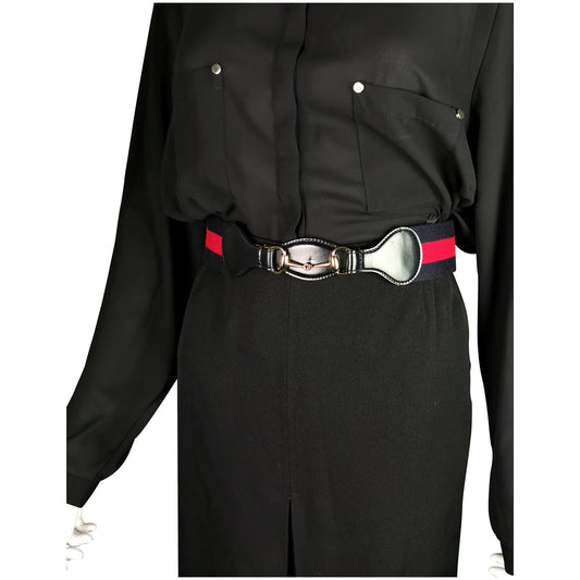 Vintage Gucci horsebit belt, navy leather and stripe canvas