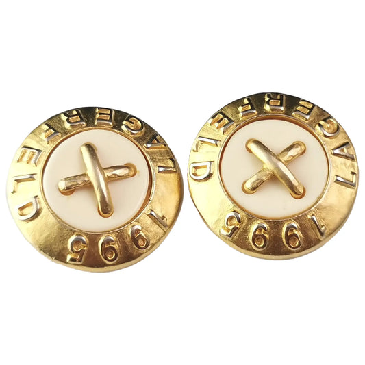 Vintage Karl Lagerfeld clip on earrings, Logo, gold tone