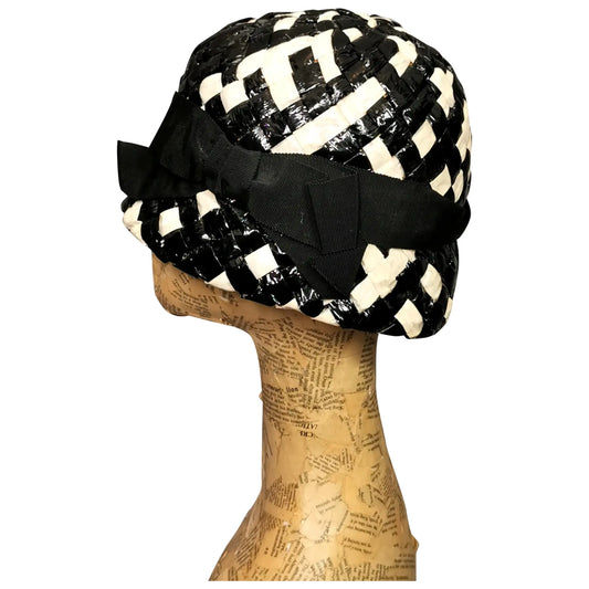Vintage monochrome cloche hat, cellophane straw, Deep