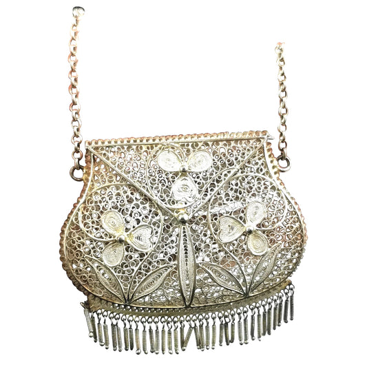Vintage Art Deco sterling silver filigree purse