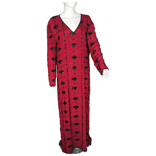 Vintage YSL Rive Gauche beaded sequin maxi dress, Red crepe silk