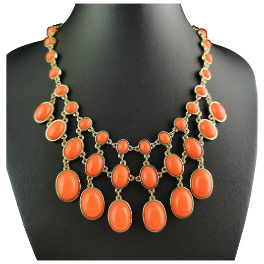 Vintage faux coral bib necklace, gold tone, Statement necklace