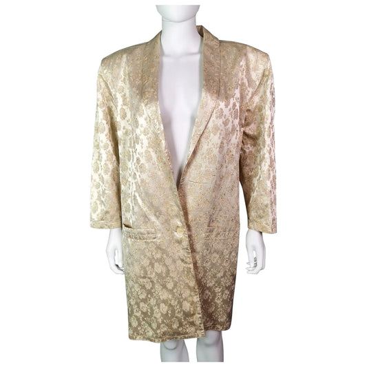 Vintage gold and cream satin Brocade jacket, longline blazer, Floral