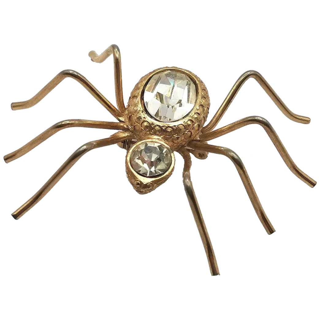 Vintage large spider brooch, gold tone, clear paste