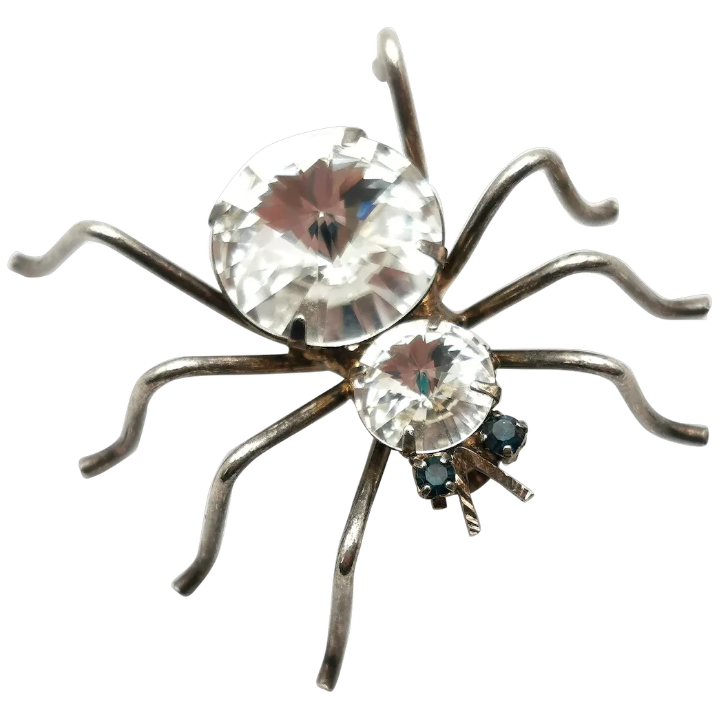 Vintage spider brooch, silver tone, clear paste