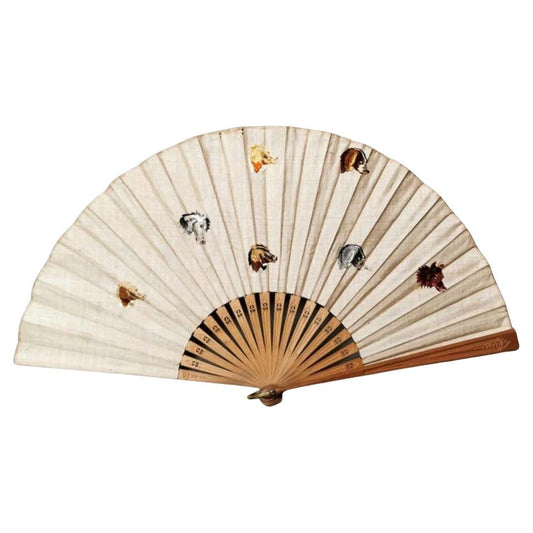 Antique Embroidered silk hand fan, dogs and horse, rare