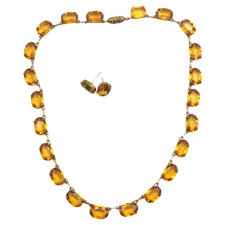 Vintage paste riviere necklace and earrings, Citrine yellow, demi parure