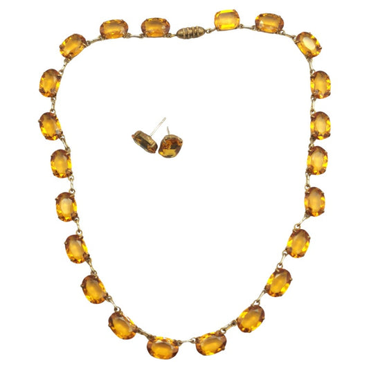 Vintage paste riviere necklace and earrings, Citrine yellow, demi parure