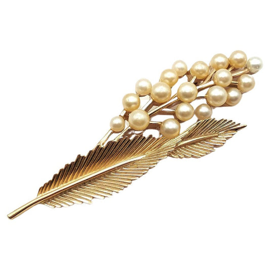 Vintage Trifari faux pearl spray brooch, Gold tone