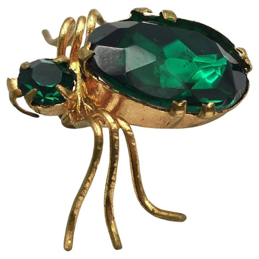 Antique gilt metal spider brooch, Emerald green paste