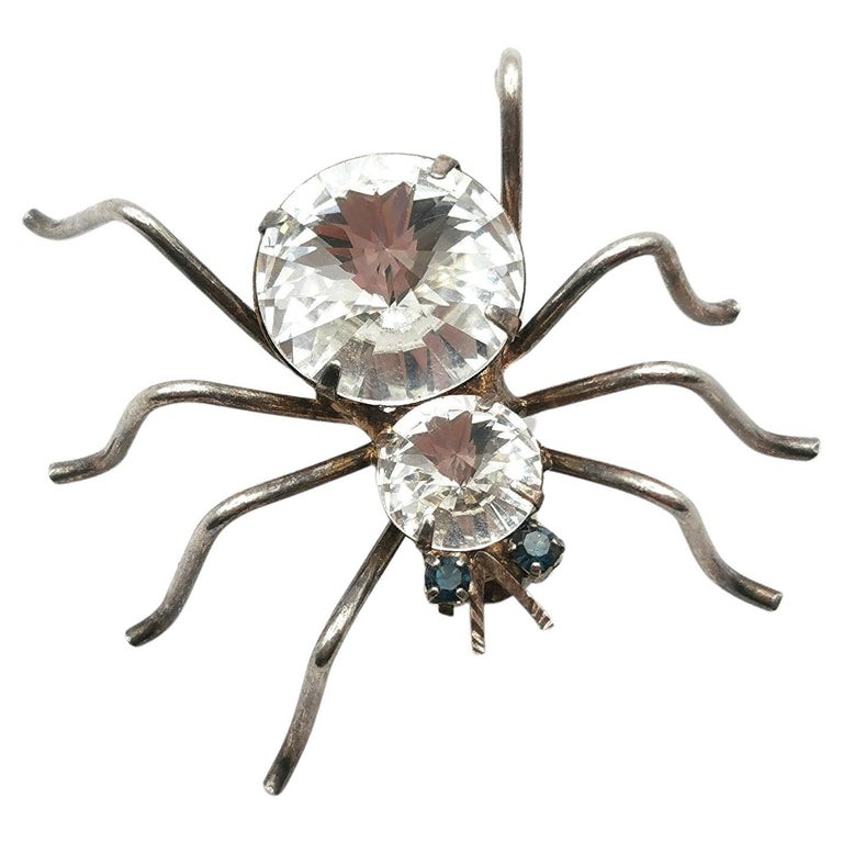 Vintage spider brooch, silver tone, clear paste