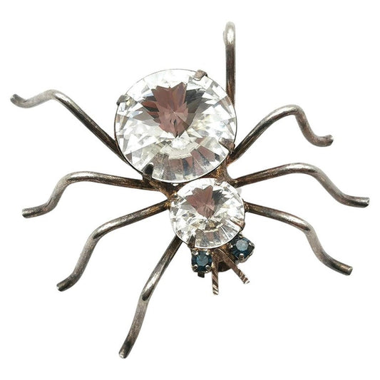 Vintage spider brooch, silver tone, clear paste