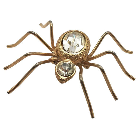 Vintage large spider brooch, gold tone, clear paste