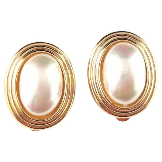 Vintage Christian Dior faux pearl clip on earrings, Shamrock, gold tone
