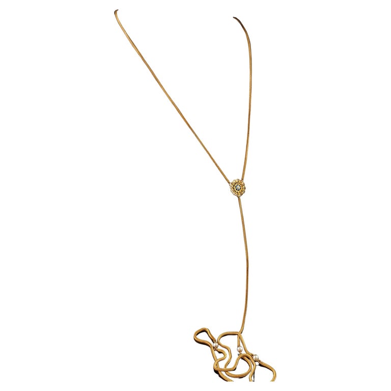 Antique gold plated lariat chain necklace, Edwardian, Faux pearl and Blue enamel flower