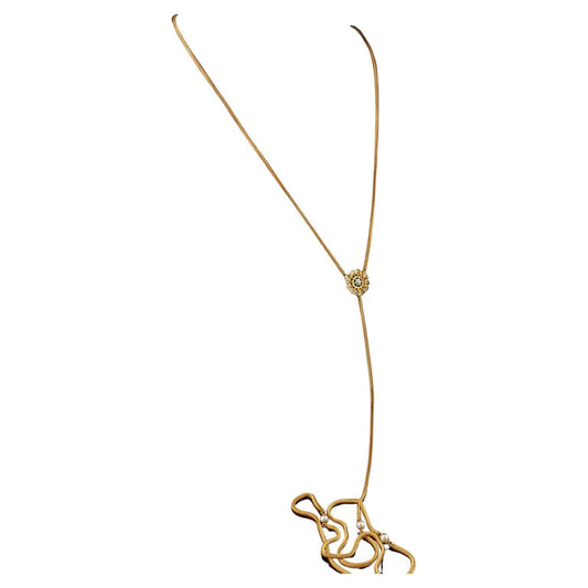 Antique gold plated lariat chain necklace, Edwardian, Faux pearl and Blue enamel flower