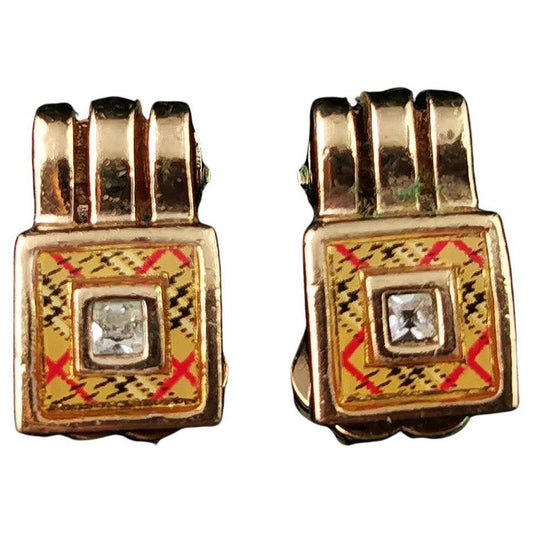 Vintage Burberry check clip on earrings, Gold tone