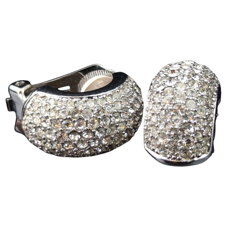Vintage Christian Dior clip on earrings, Diamanté half hoops, silver tone