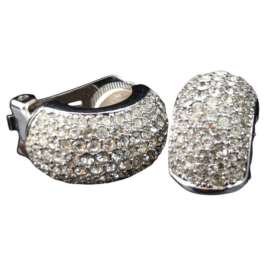 Vintage Christian Dior clip on earrings, Diamanté half hoops, silver tone