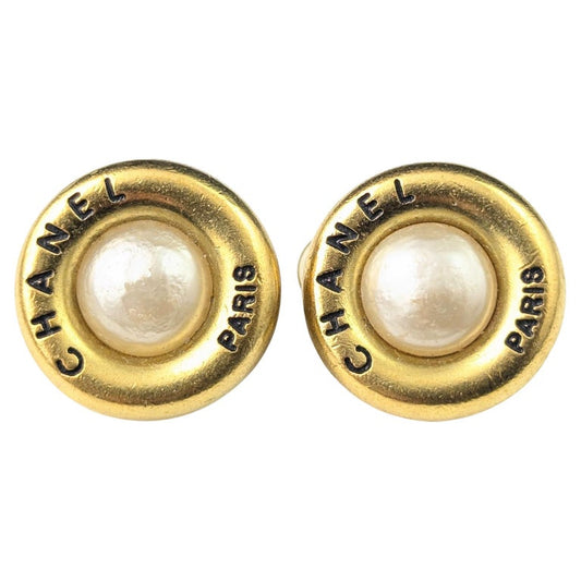 Vintage Chanel CC logo faux pearl clip on earrings, Gold tone